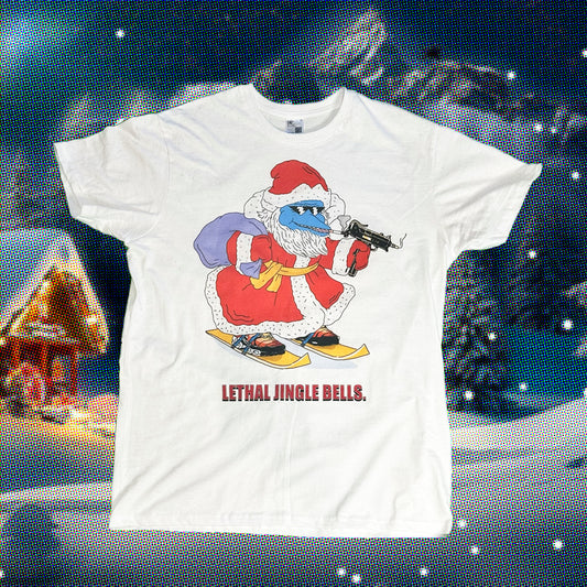 Camiseta ´´Uzi Claus´´manga corta en blanca. Edición Limitada.